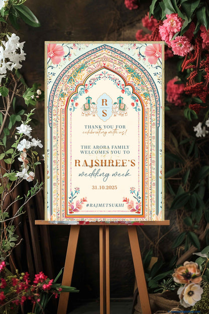 Early Dawn Color Floral Welcome Board for Wedding Week