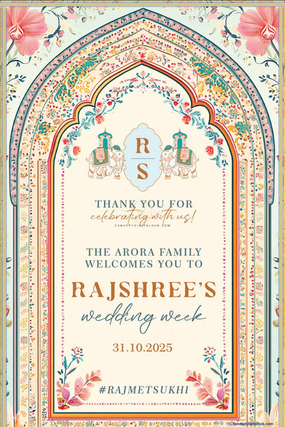 Early Dawn Color Floral Welcome Board for Wedding Week