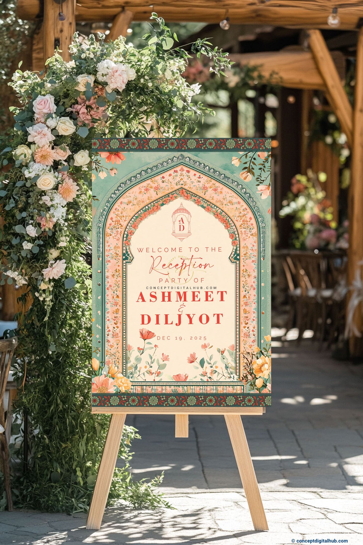Peach Color Mughal Garden Welcome Board for Wedding Week
