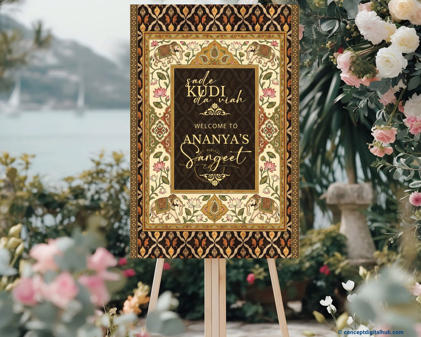 Dark Chocolate Brown Color Lotus Flowers Welcome Board for Sangeet