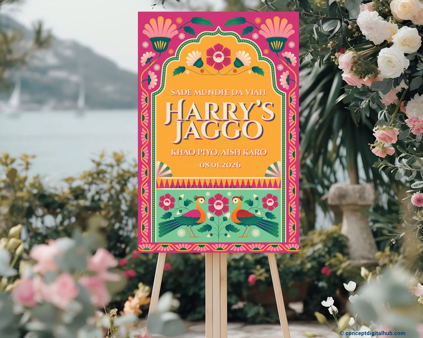 Marigold Color Mughal Arch Welcome Board for Jaggo