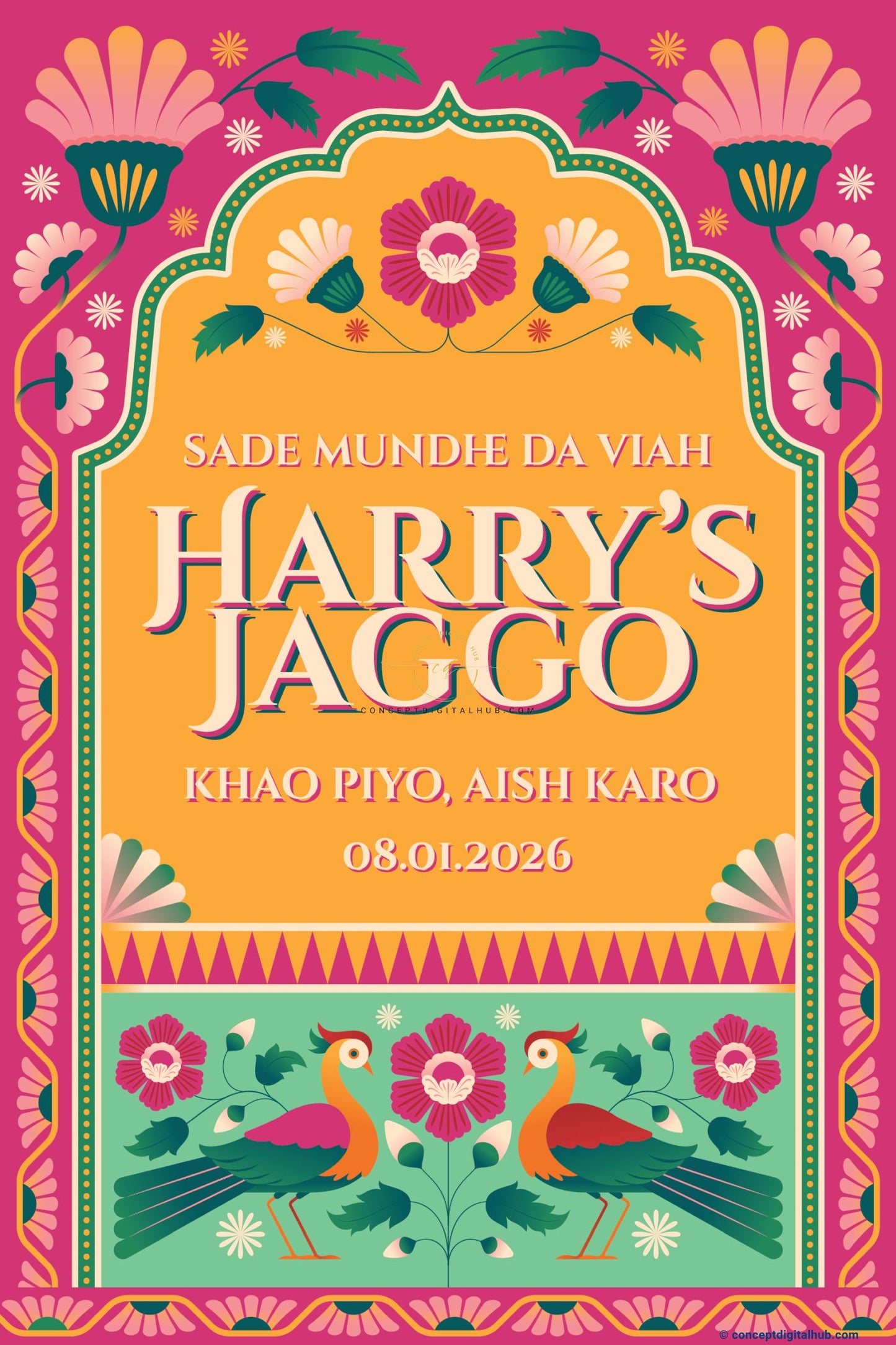 Marigold Color Mughal Arch Welcome Board for Jaggo