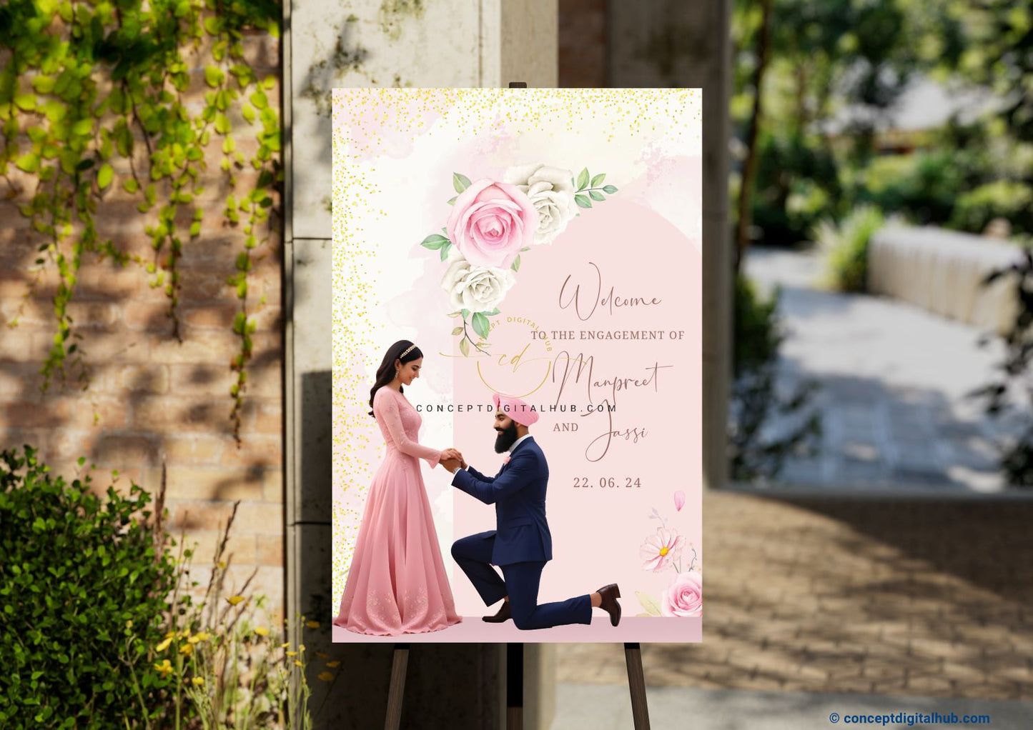 Pink Floral Engagement Welcome Sign Board