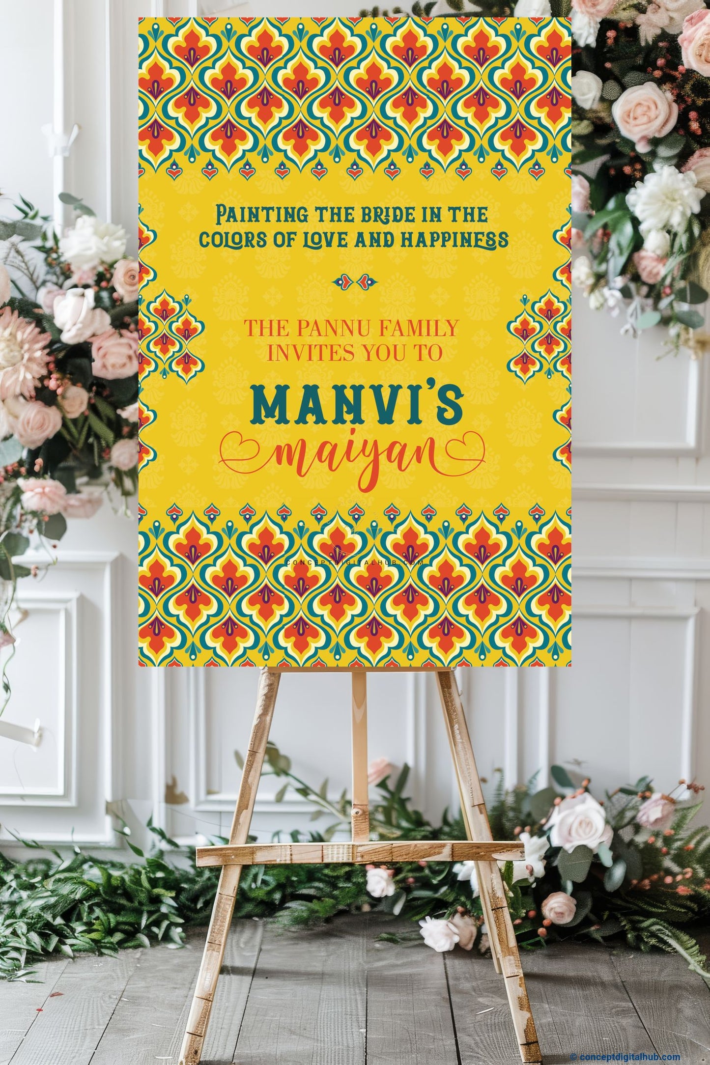 Bright Yellow Color Floral Geometric Motif Welcome Board for Maiyan