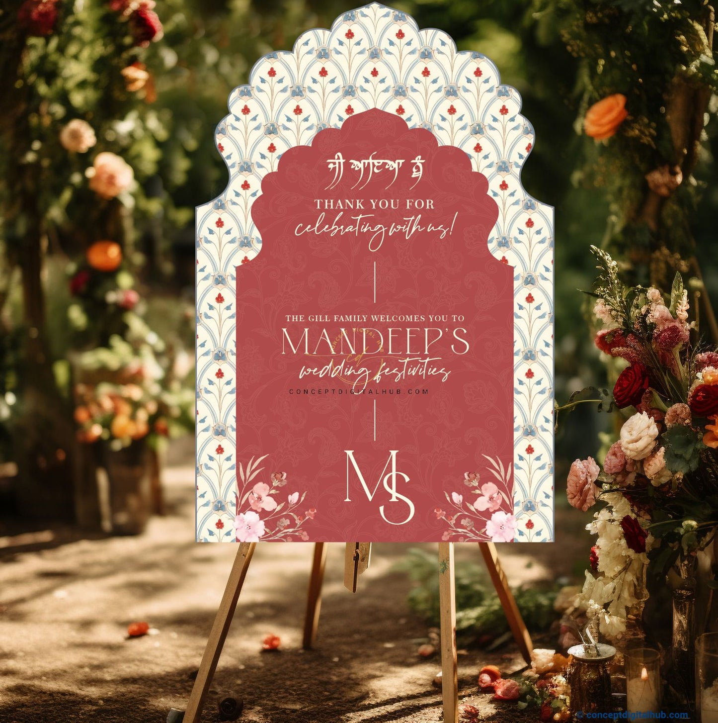 Apple Blossom Color Floral Welcome Board for Wedding Week