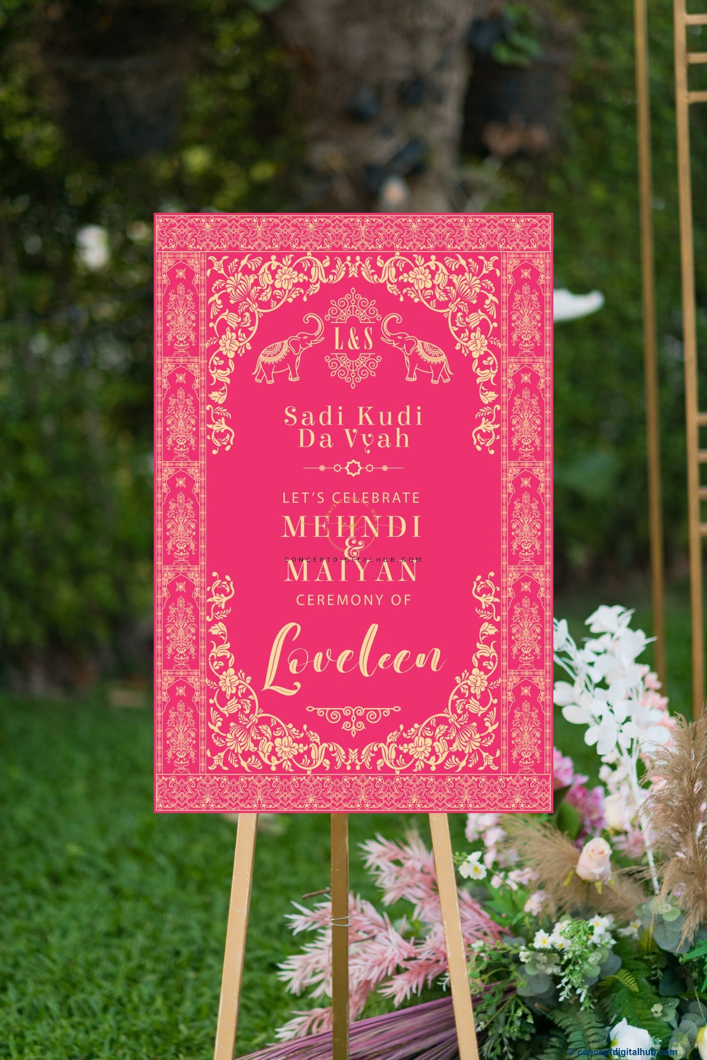 Red Pink Color Elephant Floral Welcome Board for Maiyan