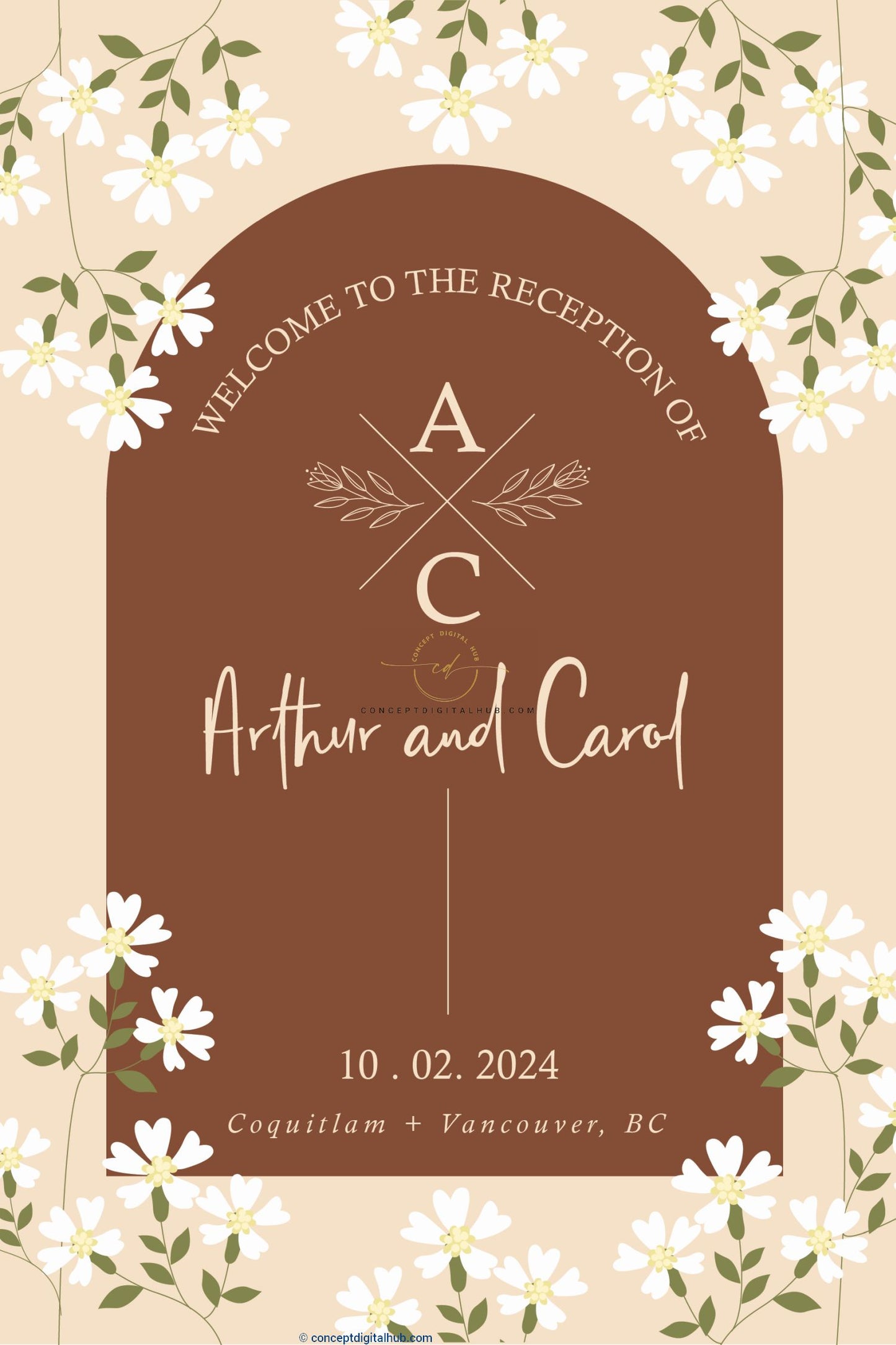 Brown Floral Reception Welcome Sign Board