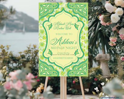 Light Lime Green Color Botanical Floral Art Welcome Board for Mehendi