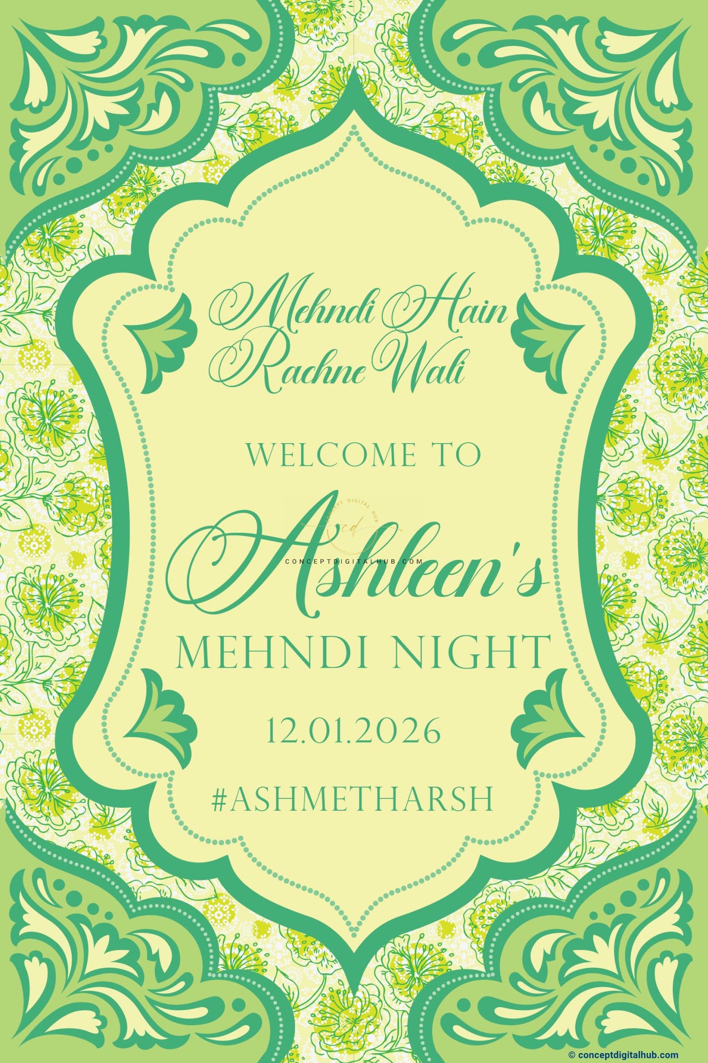 Light Lime Green Color Botanical Floral Art Welcome Board for Mehendi