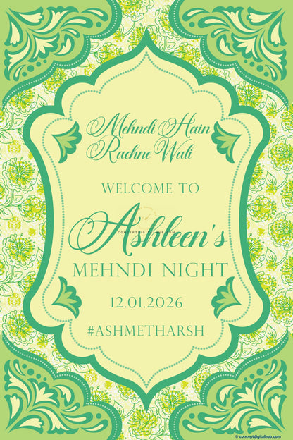Light Lime Green Color Botanical Floral Art Welcome Board for Mehendi