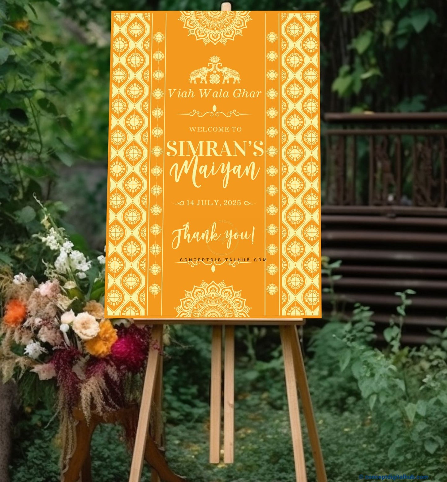 Yellowish Orange Color Flower Pattern Rangoli Welcome Board for Maiyan
