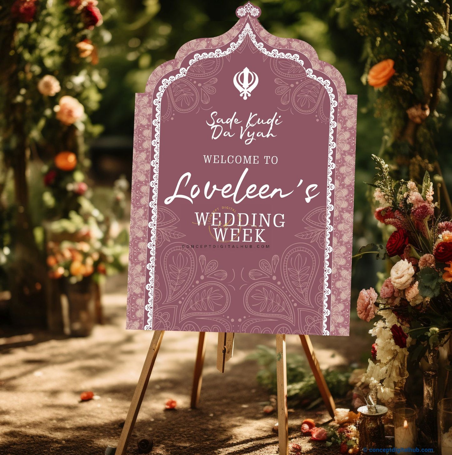 Pinkish Red Color Flower Mandala Welcome Board for Wedding Week