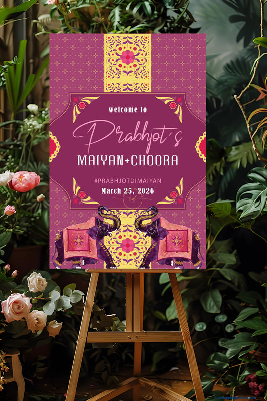Magenta Color Floral Corner Ornaments Welcome Board for Maiyan