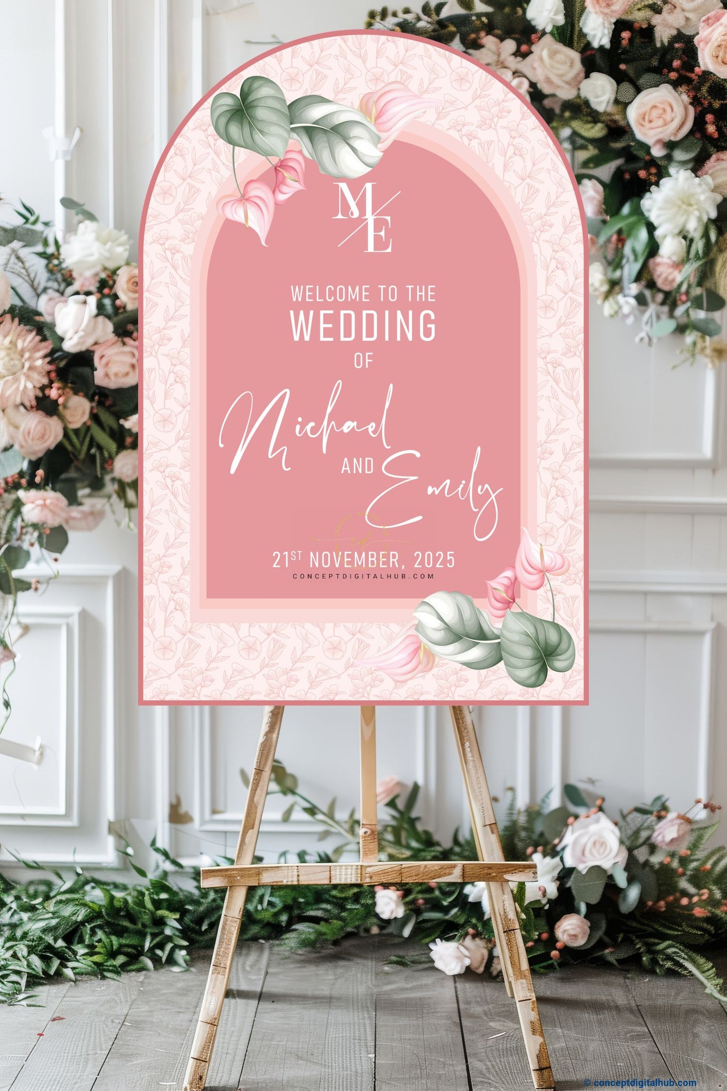 Sea Pink Color Anthurium Welcome Board for Wedding Week