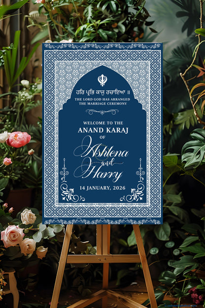 Navy Blue Color Geometric Patterns Welcome Board for Wedding Week