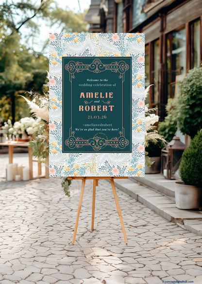 Deep Teal Color Floral Bouquet Motifs Welcome Board for Wedding Week