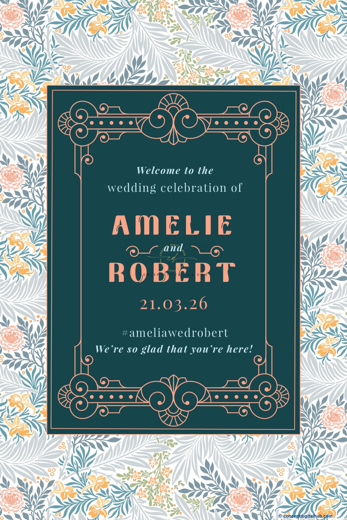 Deep Teal Color Floral Bouquet Motifs Welcome Board for Wedding Week