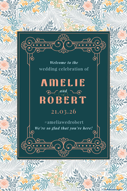 Deep Teal Color Floral Bouquet Motifs Welcome Board for Wedding Week