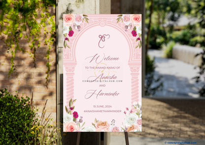 Peach Floral Anand Karaj Welcome Sign Board