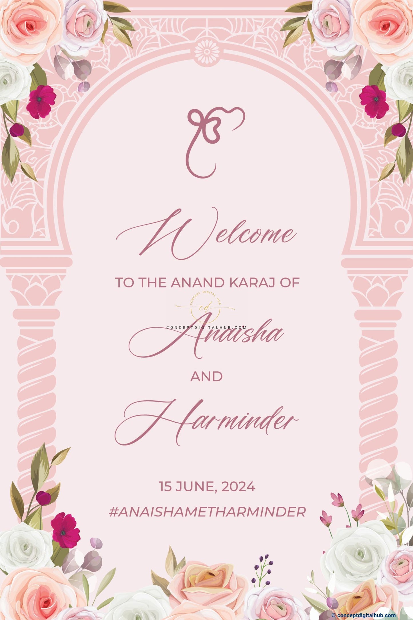 Peach Floral Anand Karaj Welcome Sign Board