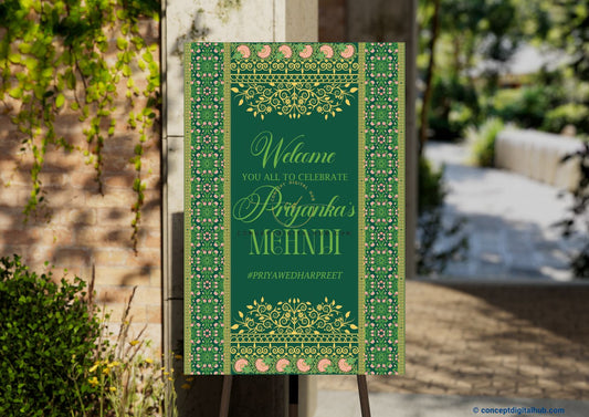 Green Pea Color Floral Border Welcome Board for Mehndi