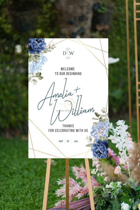 Elegant Blue Wedding Welcome Sign Board