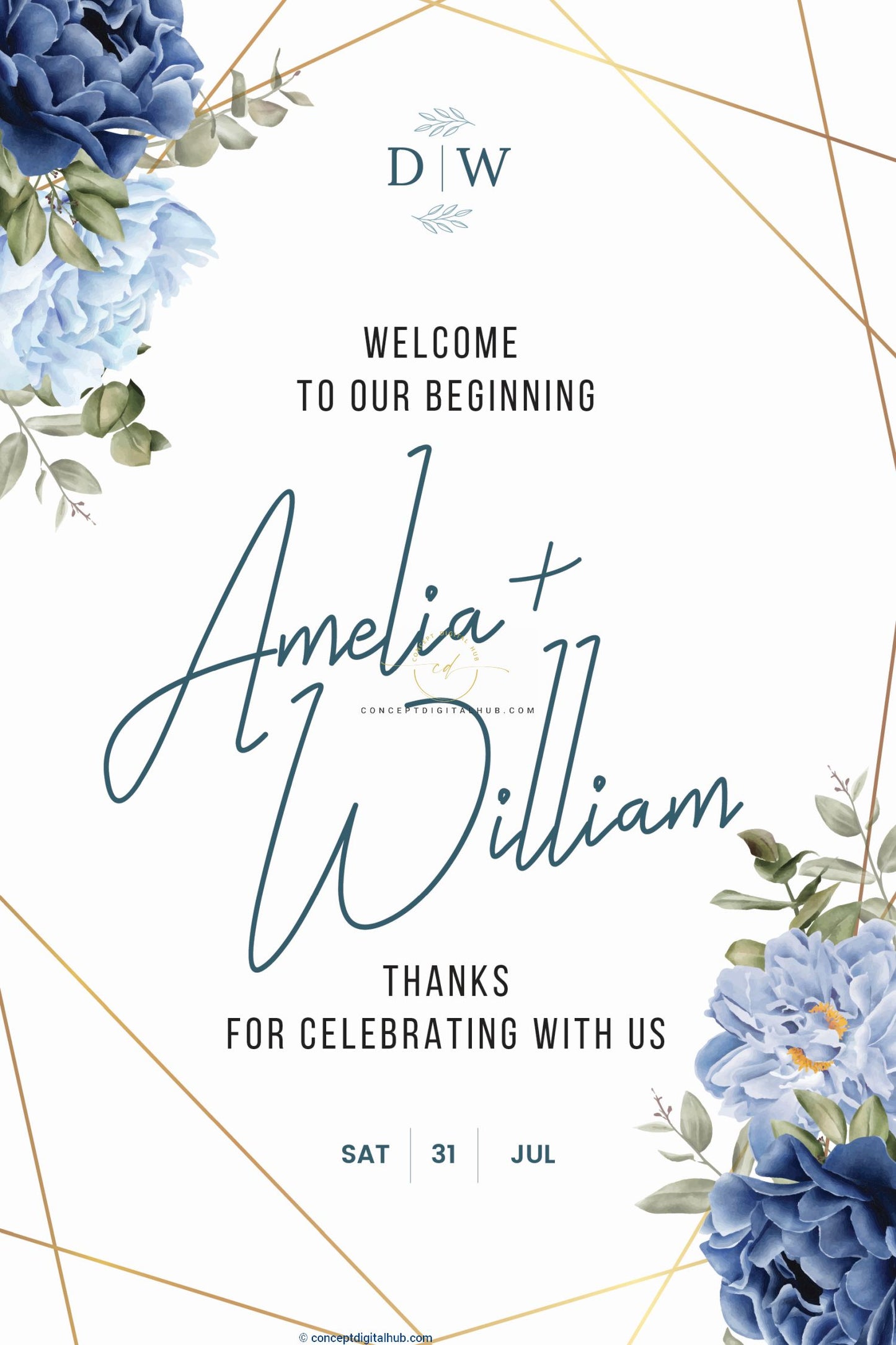 Elegant Blue Wedding Welcome Sign Board