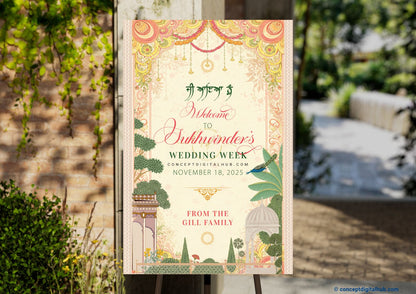 Peach Color Floral Foliage Welcome Board for Wedding Week