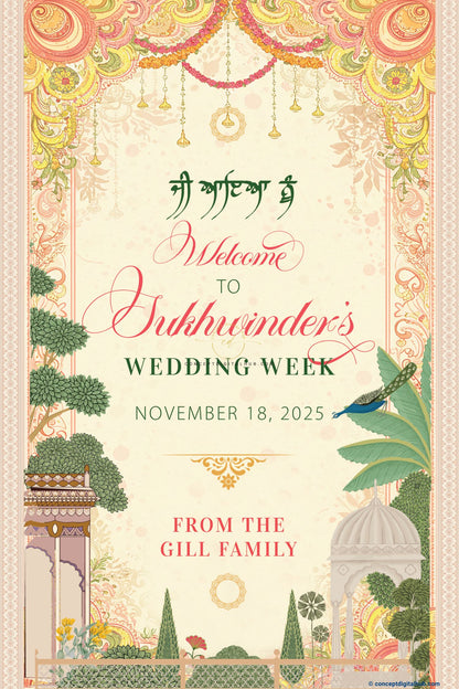 Peach Color Floral Foliage Welcome Board for Wedding Week