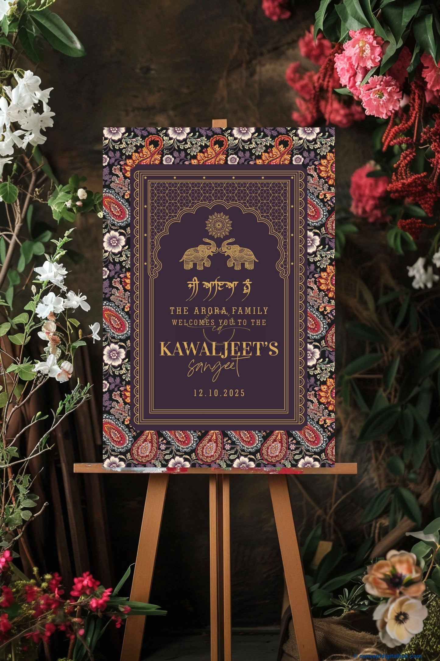 Charcoal Color Paisely Florwer Welcome Board for Sangeet
