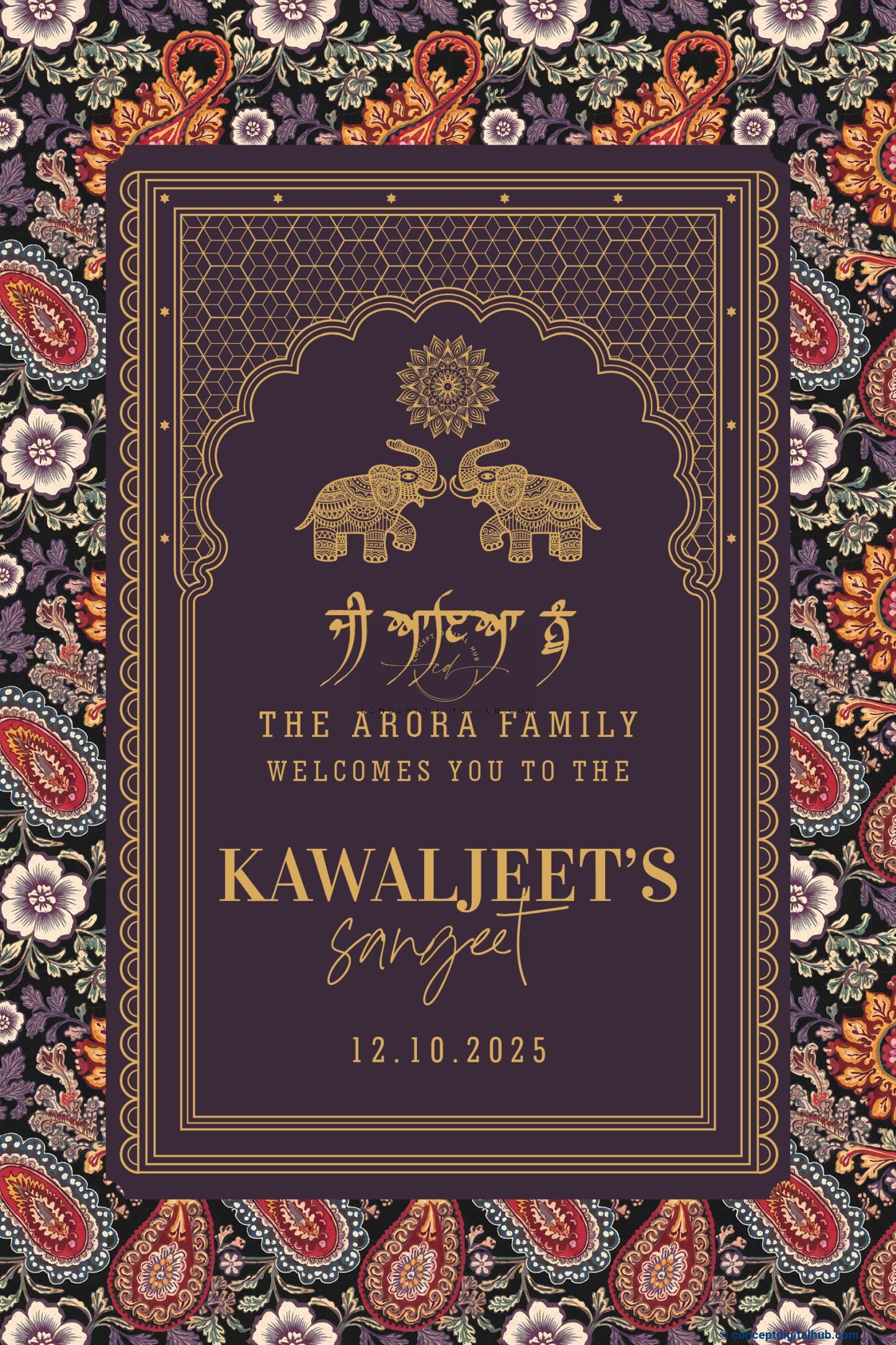 Charcoal Color Paisely Florwer Welcome Board for Sangeet