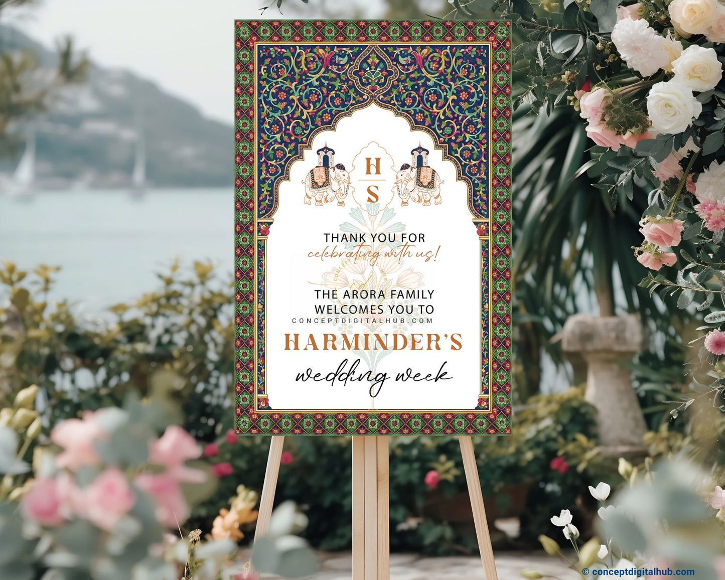 Emerald Green Color Elephant Motifs Welcome Board for Wedding Week