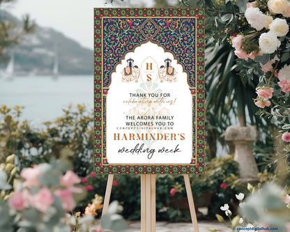 Emerald Green Color Elephant Motifs Welcome Board for Wedding Week