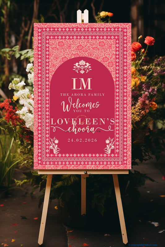 Deep Rose Pink Color Ornamental Floral Borders Welcome Board for Maiyan