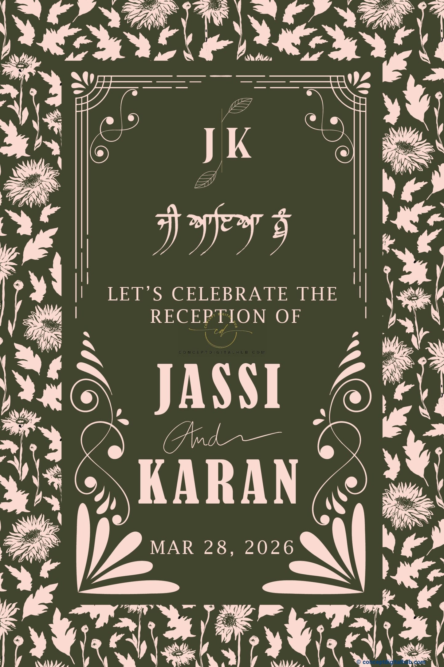 Olive Green Color Botanical Floral Border Welcome Board for Wedding Week