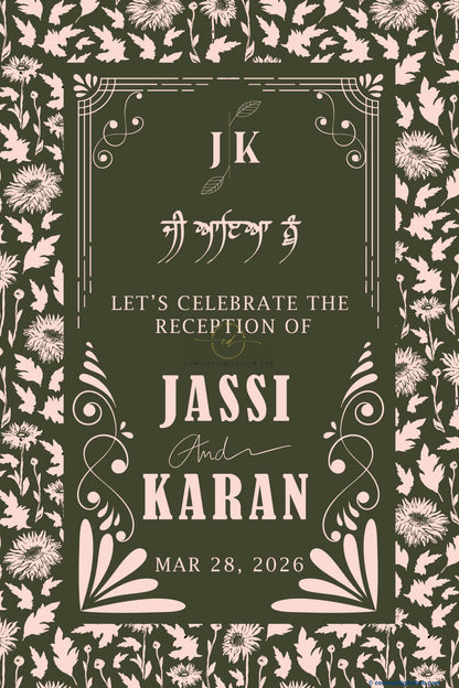 Olive Green Color Botanical Floral Border Welcome Board for Wedding Week