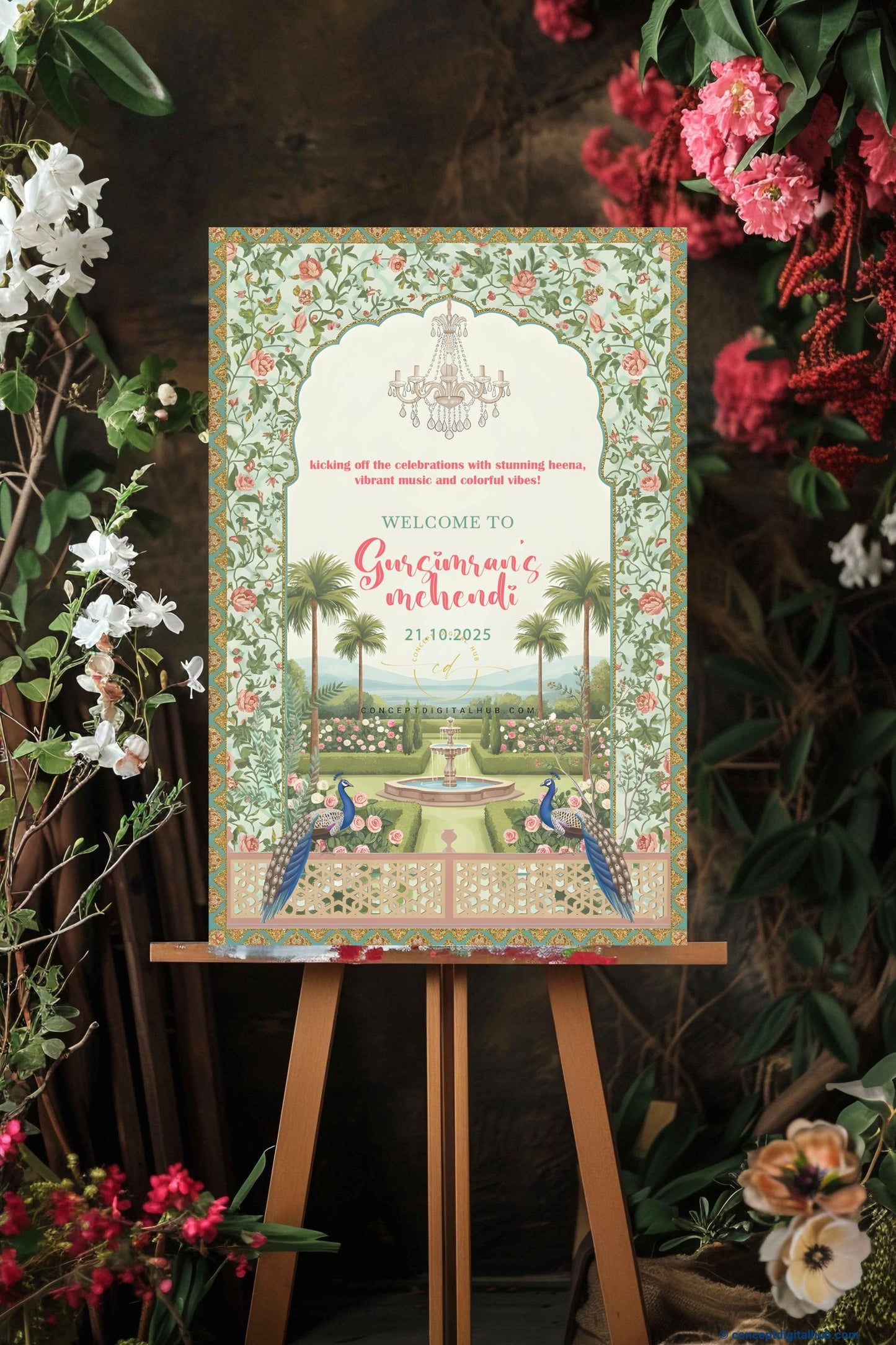 Yellowish Green Color Mughal Garden Welcome Board for Mehndi