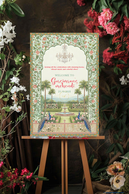 Yellowish Green Color Mughal Garden Welcome Board for Mehndi