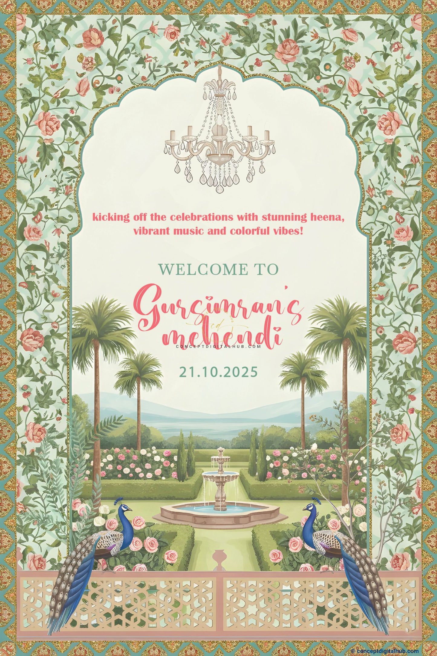 Yellowish Green Color Mughal Garden Welcome Board for Mehndi