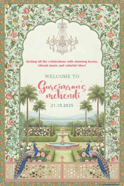 Yellowish Green Color Mughal Garden Welcome Board for Mehndi