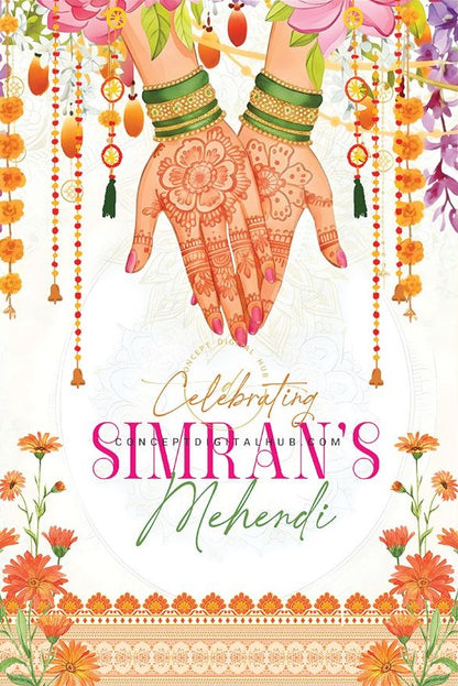 Marigold Orange Color Botanical Floral Welcome Board for Mehendi