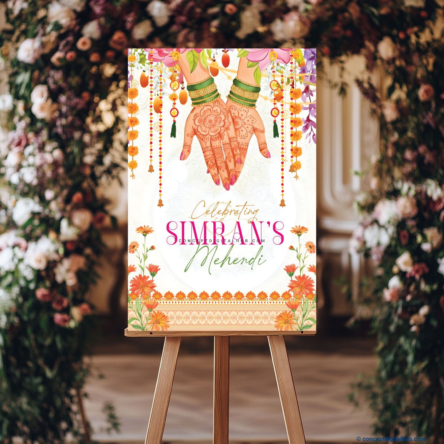 Marigold Orange Color Botanical Floral Welcome Board for Mehendi