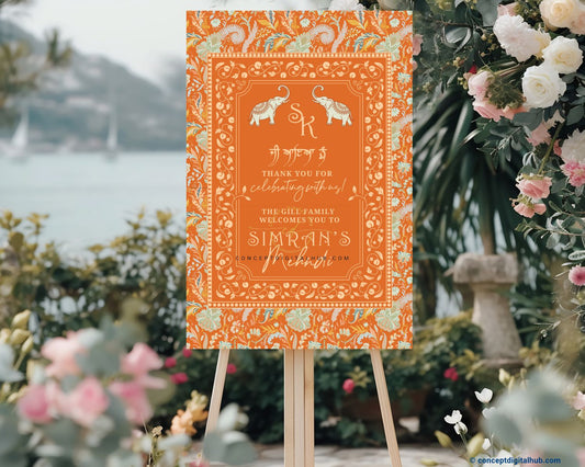 Burnt Orange Color Ornate floral paisley Welcome Board for Mehendi