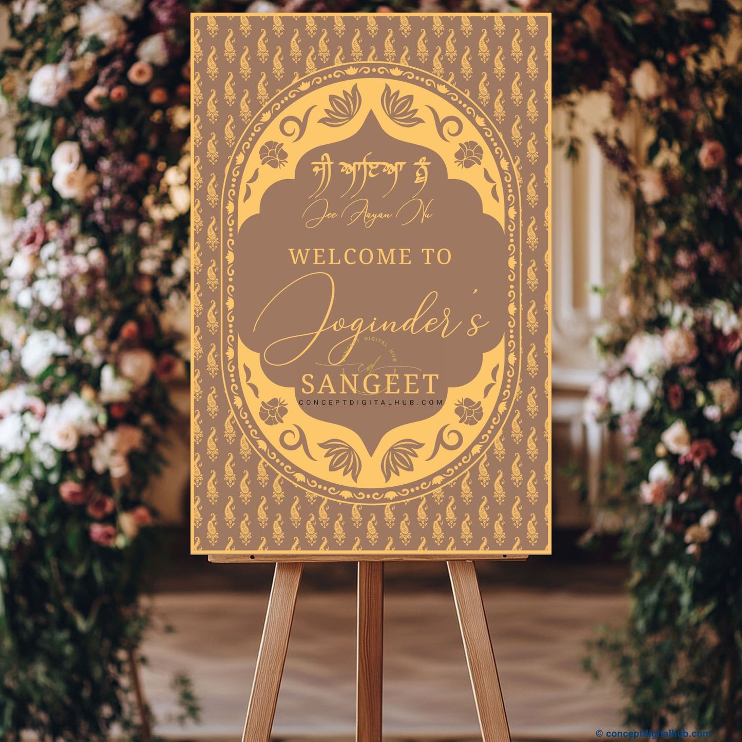 Cocoa Brown Color Paisley Textile Art Welcome Board for Sangeet