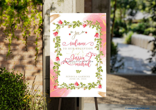 Pink Water Color Welcome Sign Board for Reception