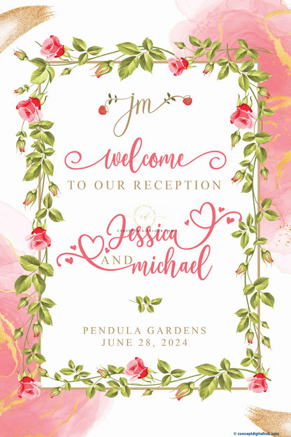 Pink Water Color Welcome Sign Board for Reception