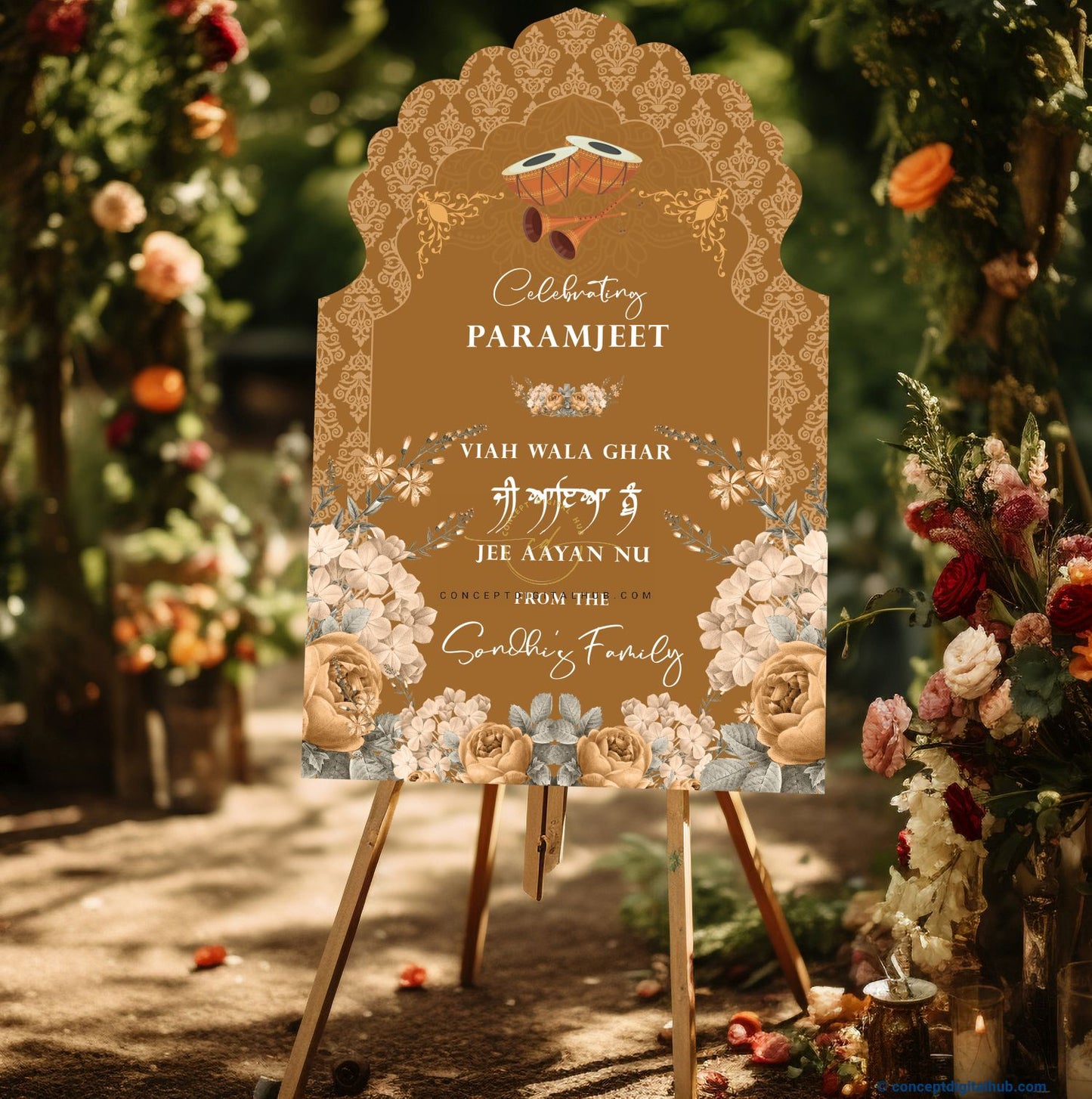 Wood Color Floral Welcome Board for Wedding