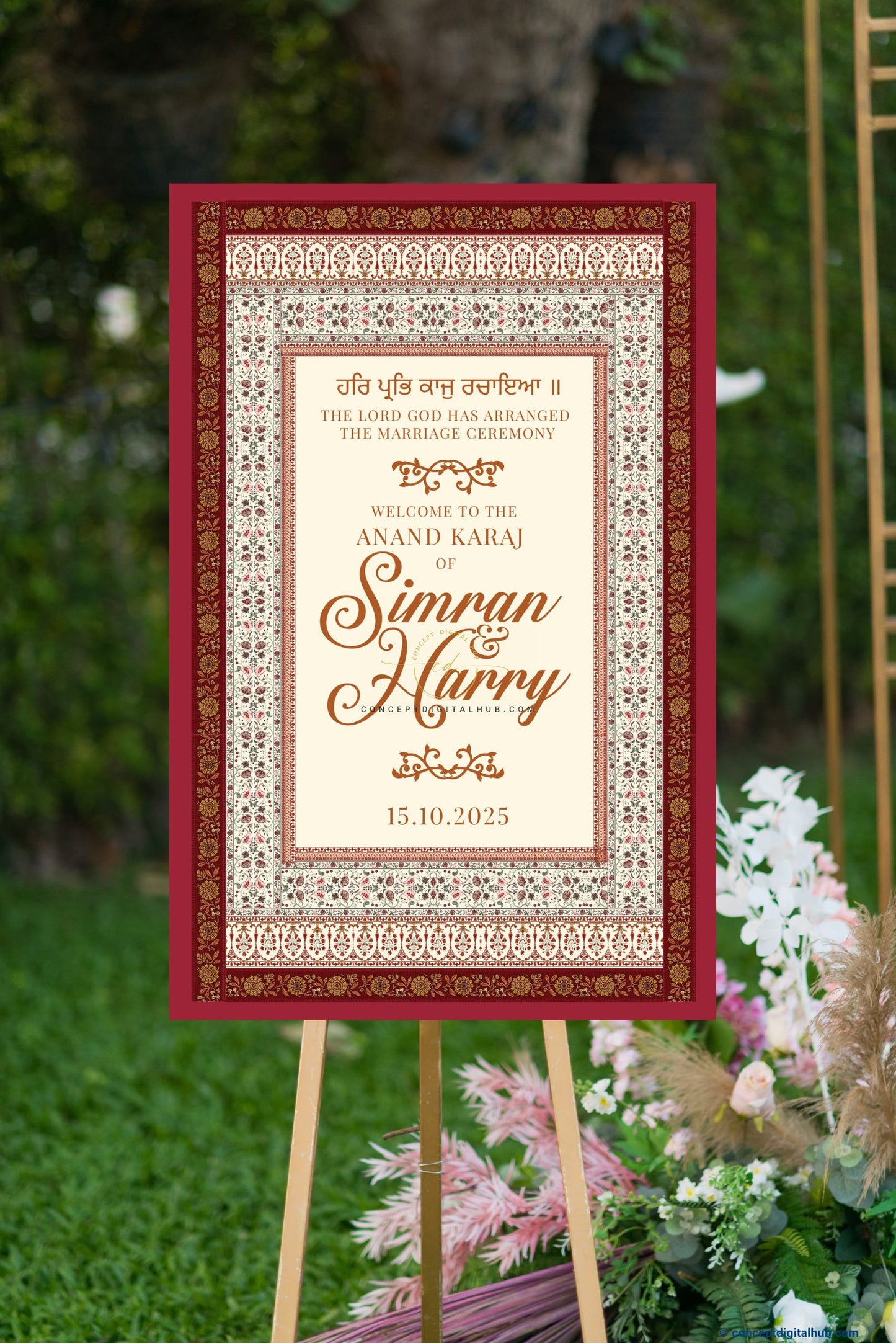 Burgundy Color Paisley Motifs Welcome Board for Wedding Week