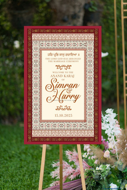 Burgundy Color Paisley Motifs Welcome Board for Wedding Week