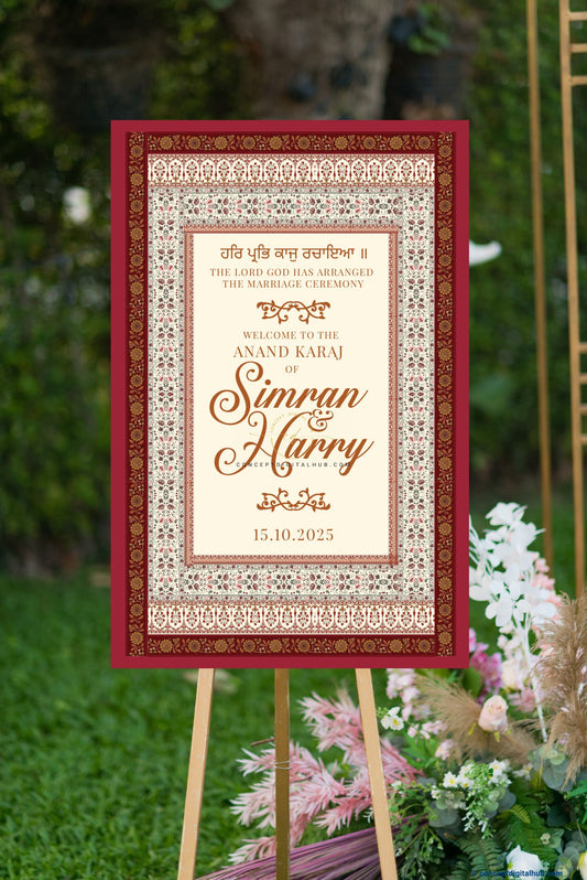 Burgundy Color Paisley Motifs Welcome Board for Wedding Week